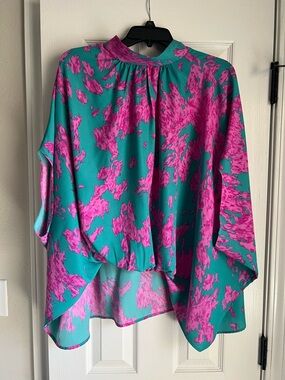 Impressions Teal and Fuchsia Abstract High-Neck Blouse